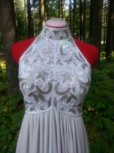 E1-Beaded Grecian Scroll Gown Front Bodice Detail View-Custom Fitted, call for quote