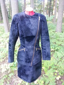 ST2-Black Asymmetrical Zip Front Jacket and Straight Skirt Front View-Custom Design, call for pricing