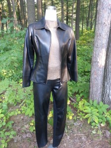 Black Faux Leather Collared Zip Front Jacket with Straight Leg Pant Front View