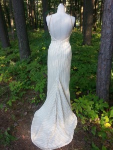 E4-Cream & Gold Lace Halter Gown with Oval Train Back View-Custom Design