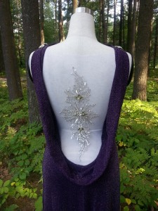 E2-Purple Cowl Back Gown with Bling Tatoo Accent Back Detail View-Custom Fitted, call for quote
