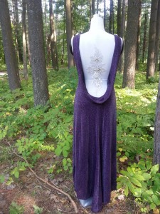 E2-Purple Cowl Back Gown with Bling Tatoo Accent Back View-Custom Fitted, call for quote