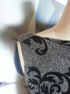 Silver & Black Lame Scroll Cowl Back Dress Shoulder Detail View